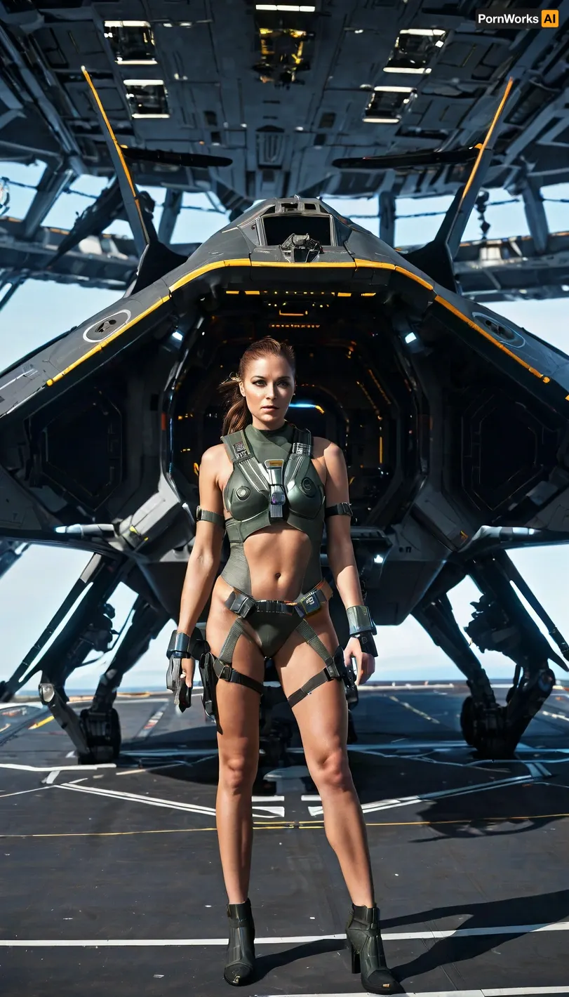 The fighter pilot in a space suit stands on the deck of a spacecraft carrier, waiting for her next mission. She is surrounded by the sleek and futuristic design of spacecraft technology. The crew members are busy with their tasks, maintaining and refueling