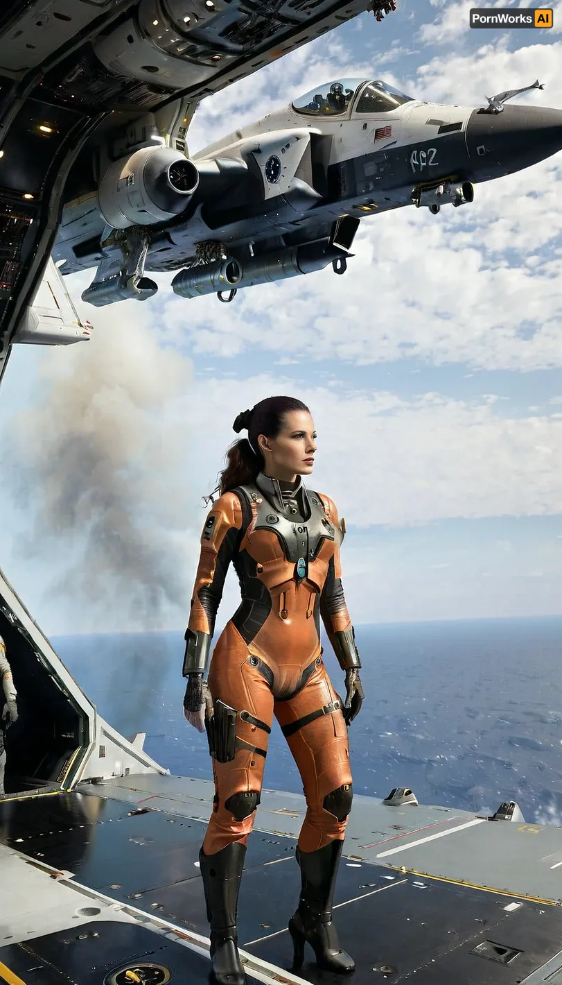 A female astronaut in futuristic space combat gear, equipped with anti-aircraft turrets and fighter jets, is on a mission to fight against the invaders in outer space. The scene takes place in a space shuttle storage bay with futuristic technology