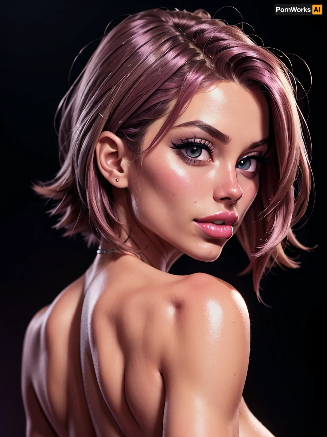 Ein atemberaubendes AI-generiertes Porno-Bild von einem hochwertigen, hochwertigen, detailreichen Bimbo ohne Make-up und dunkelrosa Haar