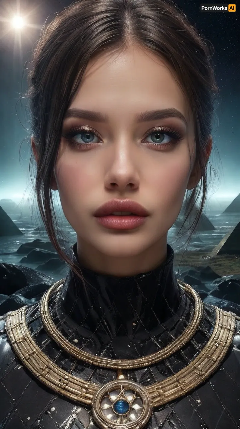A photo of a pyramid-shaped alien world with a futuristic skyline, glowing stars, and eerie black clouds. The scene is set in the middle of a vast desert landscape with jagged rocks and sand dunes. The sky is covered