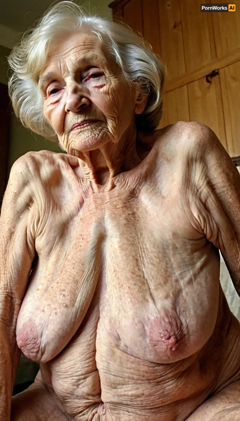 Die alte Frau lag nackt auf ihrem Rücken, ihre faltige Haut streckte sich straff über ihren saggy Körper. Ihre Muschi war glatt und blass, ohne Haare oder Schamhaar sichtbar. Sie hatte einen knalligen Bauch und knallende Brüste, die aufgehängt