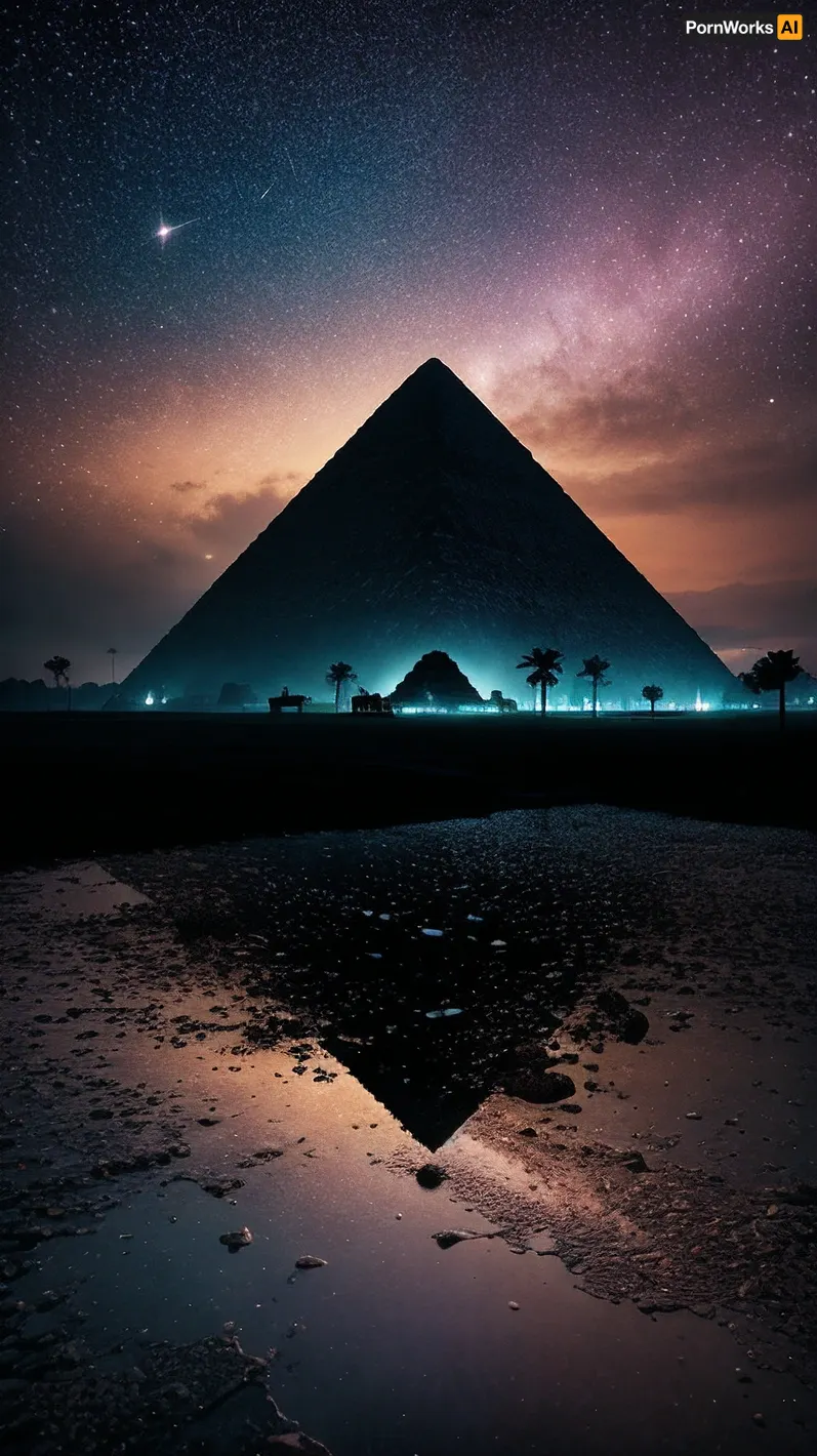 The photograph depicts a surreal and breathtaking scene of an ancient alien world, with a pyramids towering over the landscape. The sky is painted in bright colors, and the atmosphere is full of mystery. The colors are saturated and vibrant, creating a