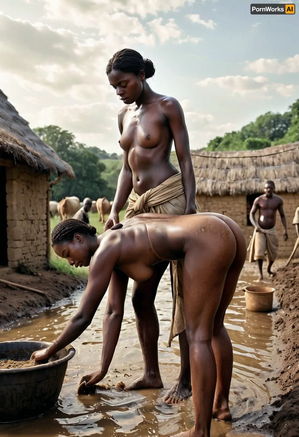 The Female Slaves" is a stunning picture that captures the beauty of human suffering through its portrayal of female slaves working hard on a farm while being treated like animals by their masters. The women are dirty and ragged, with matted hair