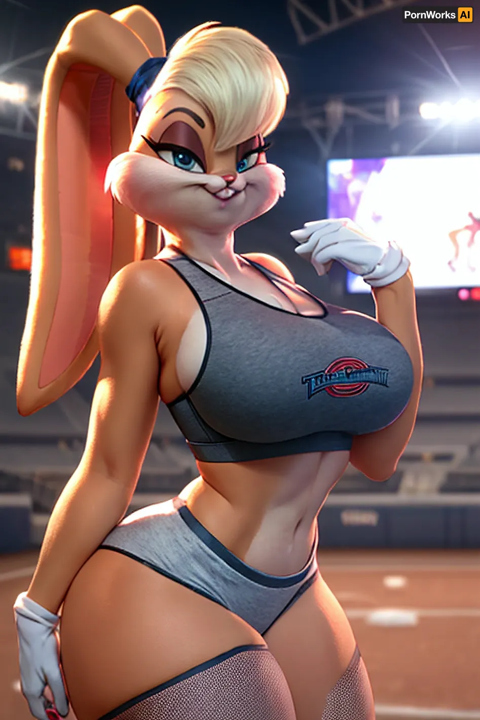 Lola Bunny, the famous bunny from the Looney Tunes cartoons, was taking a break from her basketball game when she noticed something strange happening with her eyes. They seemed to be glowing brighter and brighter until they were almost glowing with intensity