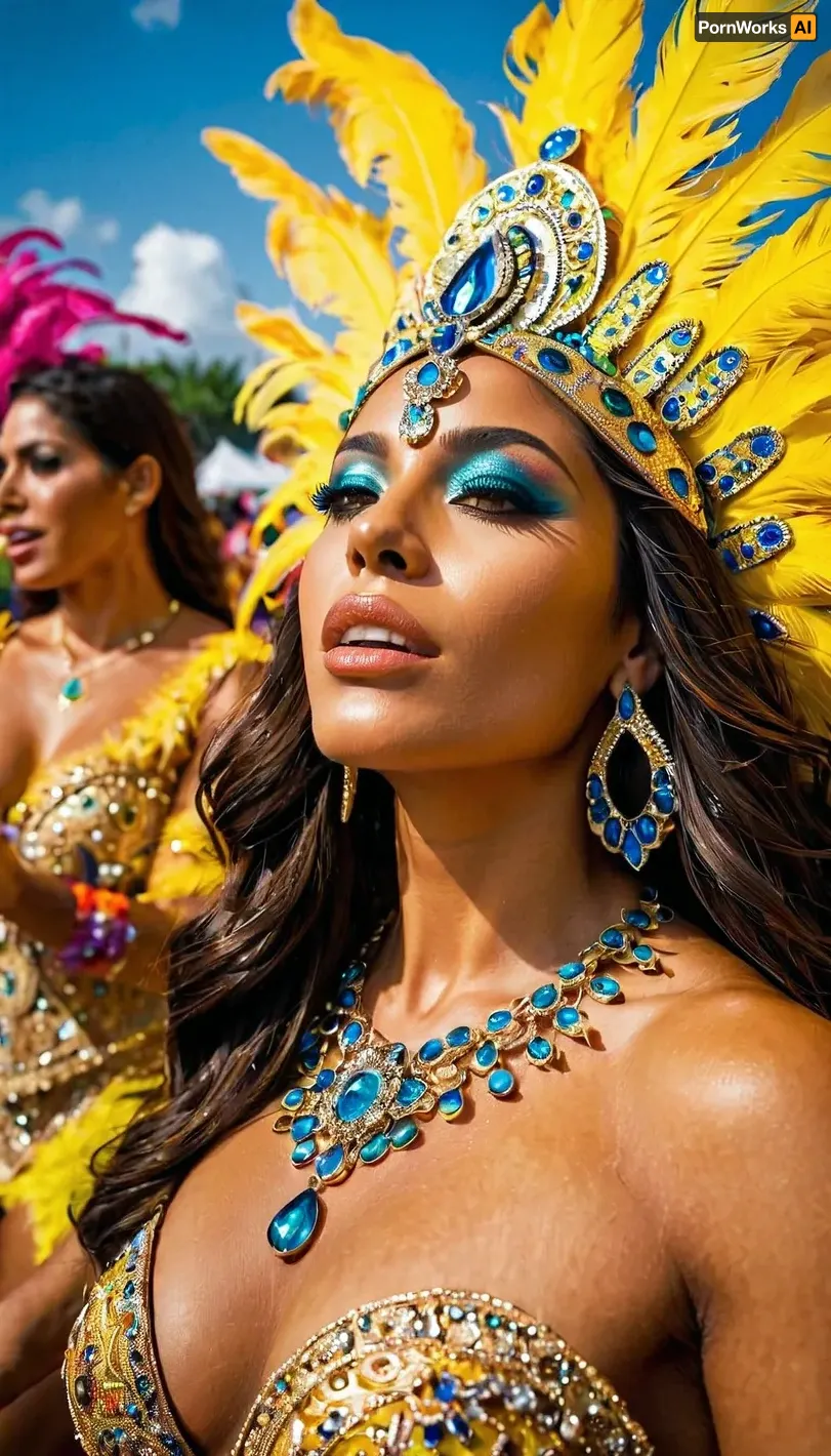 A woman in a stunning pink dress stood at the entrance of the Brazilian carnival, her eyes scanning the crowd for a man who would capture her heart. As she walked through the colorful crowds, she couldn't help but notice how beautiful everyone looked in