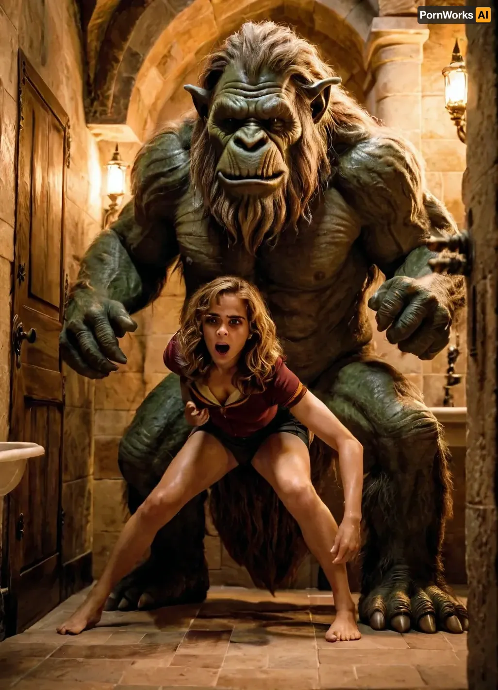 Hermione Granger, a small and cute Hogwarts student, was getting fucked by a large monster troll in the bathroom. The monster troll was using his big cock to fuck her tight pussy and she loved every second of it