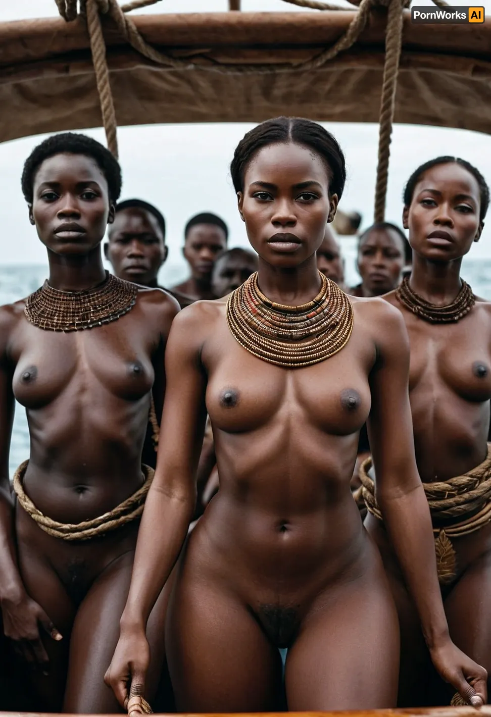 Una foto de un barco lleno de esclavas negras desnudas congoleñas negras adultas en trajes de esclavos, rodeado de detalles muy detallados e intrincados, generados a partir del texto "AI, generar una foto de un barco lleno de negro congoleño desnudo