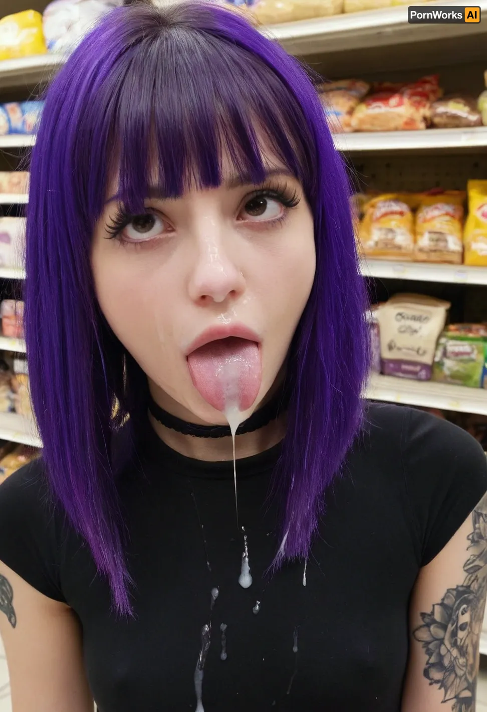 The young and beautiful goth girl was walking through the supermarket, looking for a new tattoo design. She had always been fascinated by the intricate designs of body art and wanted to add a new one to her collection. As she browsed through the aisle