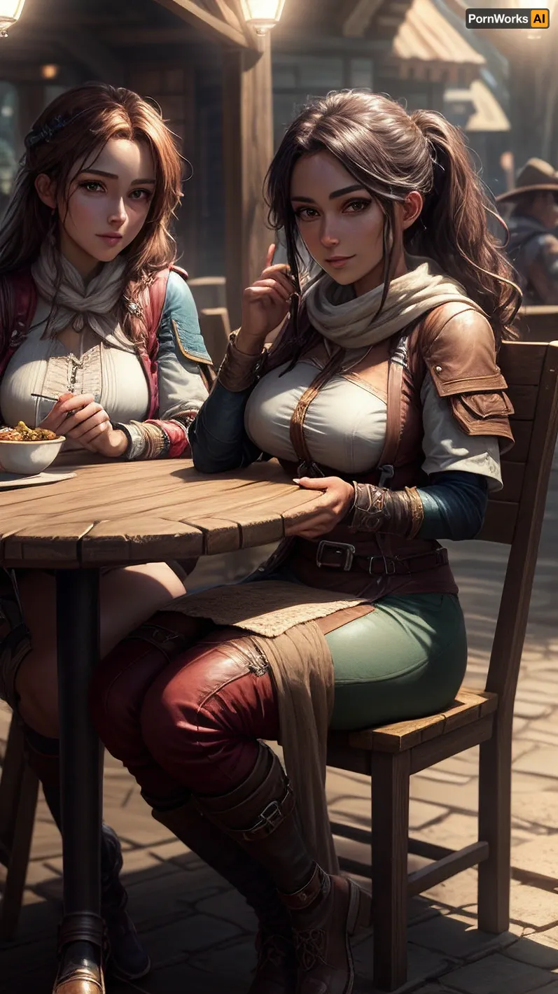 Two adventurers sat opposite each other at a table, their high-resolution faces and detailed pictures adding to the magic of their moment together. They were both beautiful women with high-resolution faces and very detailed pictures, which only added to the magic of