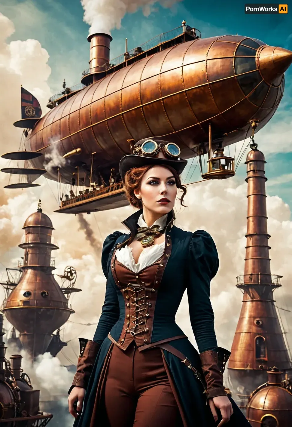 In a steampunk world, the streets are filled with flying ships and airships, and the characters wear colorful dresses adorned with intricate mechanical contraptions. The young girl in the picture holds a smoking pipe in one hand and an intricately designed