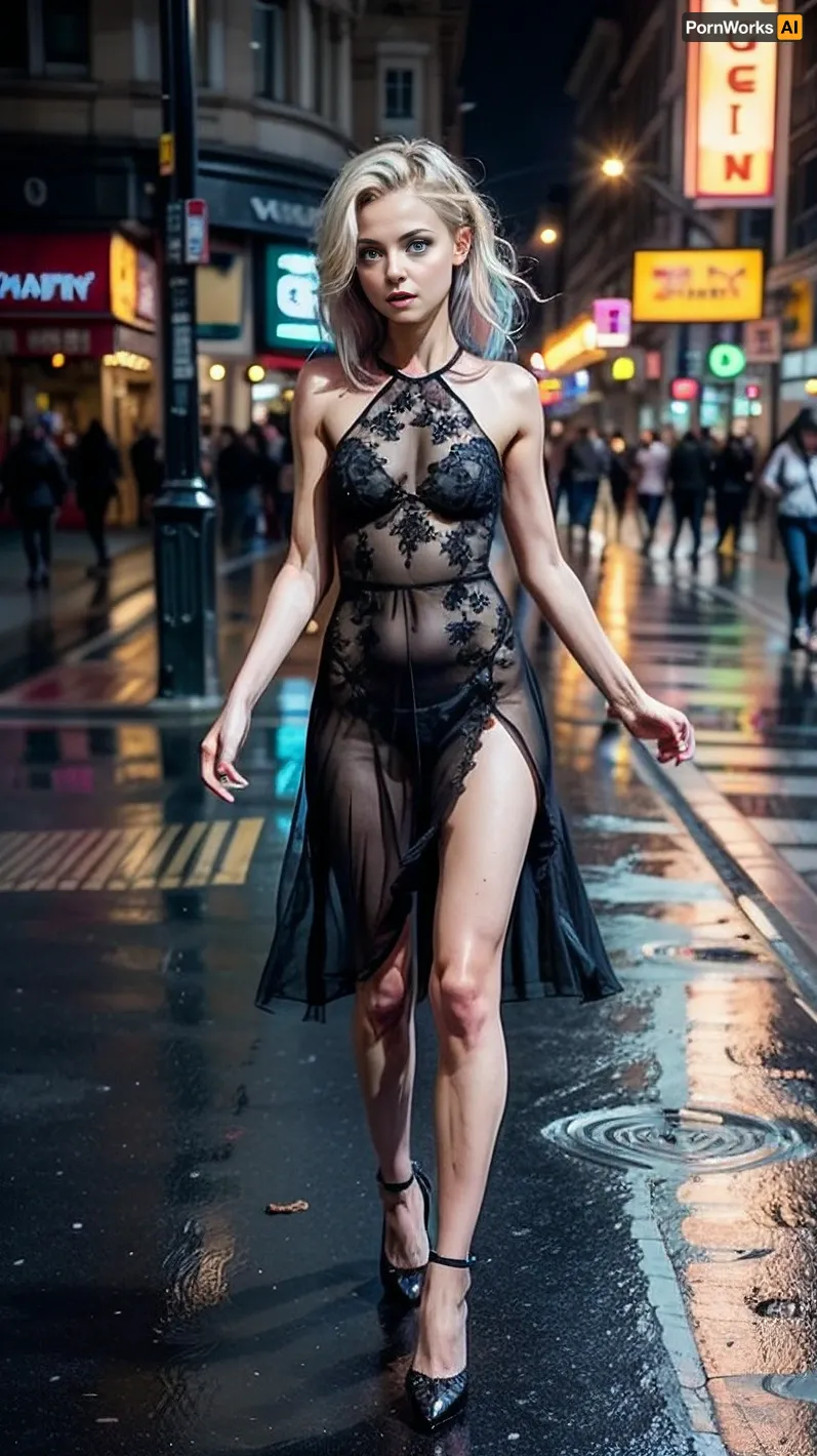 The AI generated text is a detailed description of a seductive modeling photo shoot with a model wearing an extremely detailed and realistic diamond necklace. The model is posed in various positions, showcasing her perfect body and symmetrical face. The lighting is high