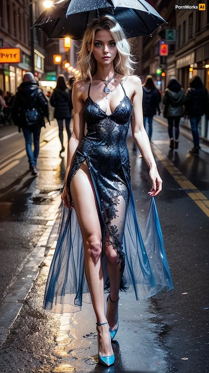 The high-quality photo of a beautiful model wearing an 18k gold necklace with diamonds, transparent dress, and 32k resolution shows her body shape and features in detail. Her skin texture is perfect, revealing her cleavage and nipples through transparent clothes