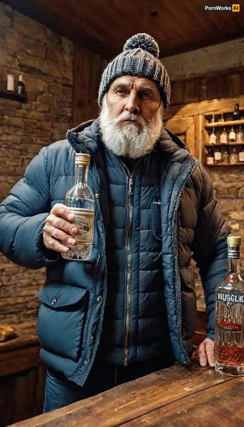 Athanasius, a grandfather with a beard and padded jacket, was knitting a picture of his granddaughter's favorite toy using the vodka bottle as an inspiration for the shape of the hat