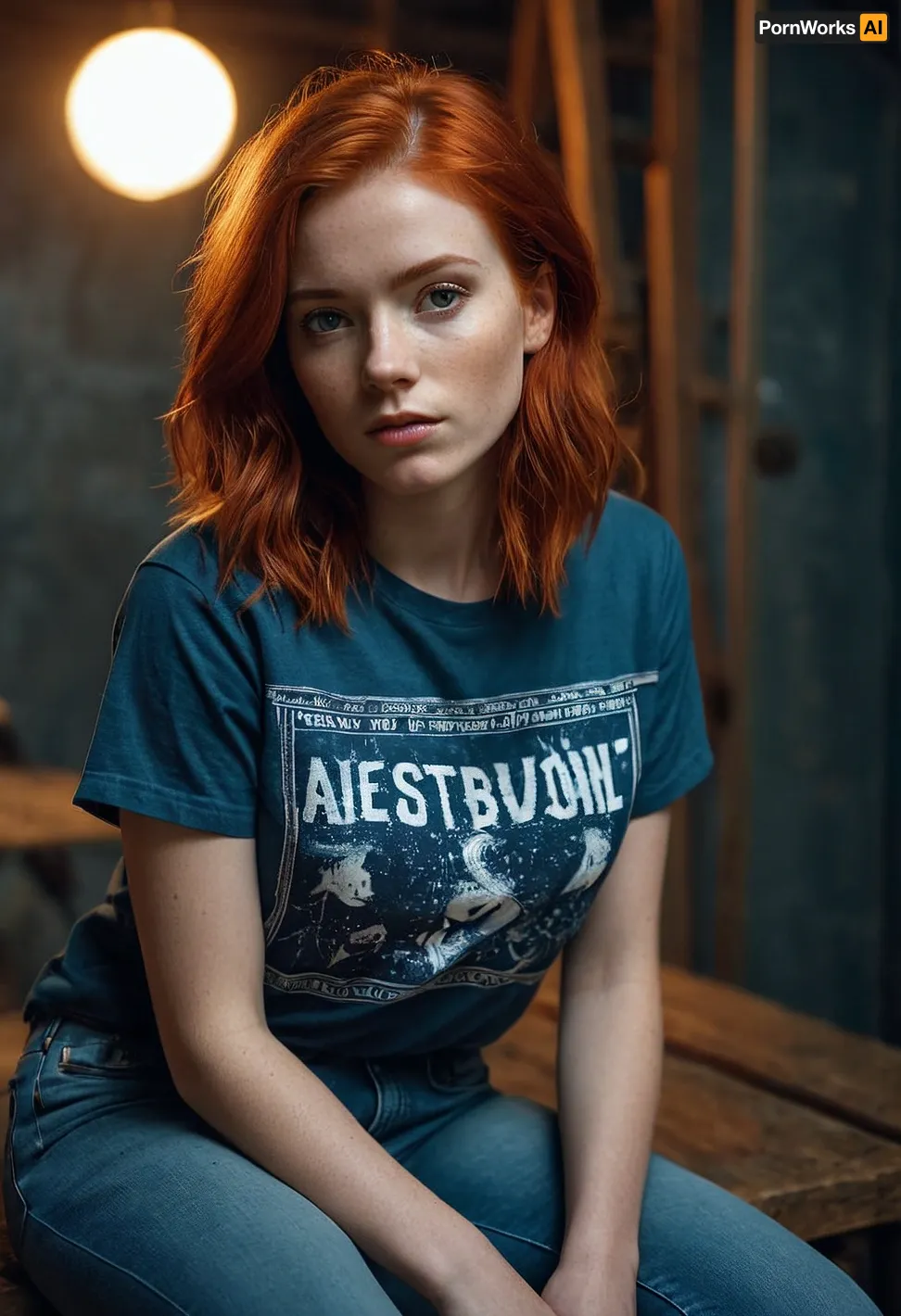 A red-haired girl in a T-shirt and jeans appears on the screen, looking up and saying, "Hey there! I'm an AI assistant." The girl looks up and says, "Cool! What can you do?" The AI