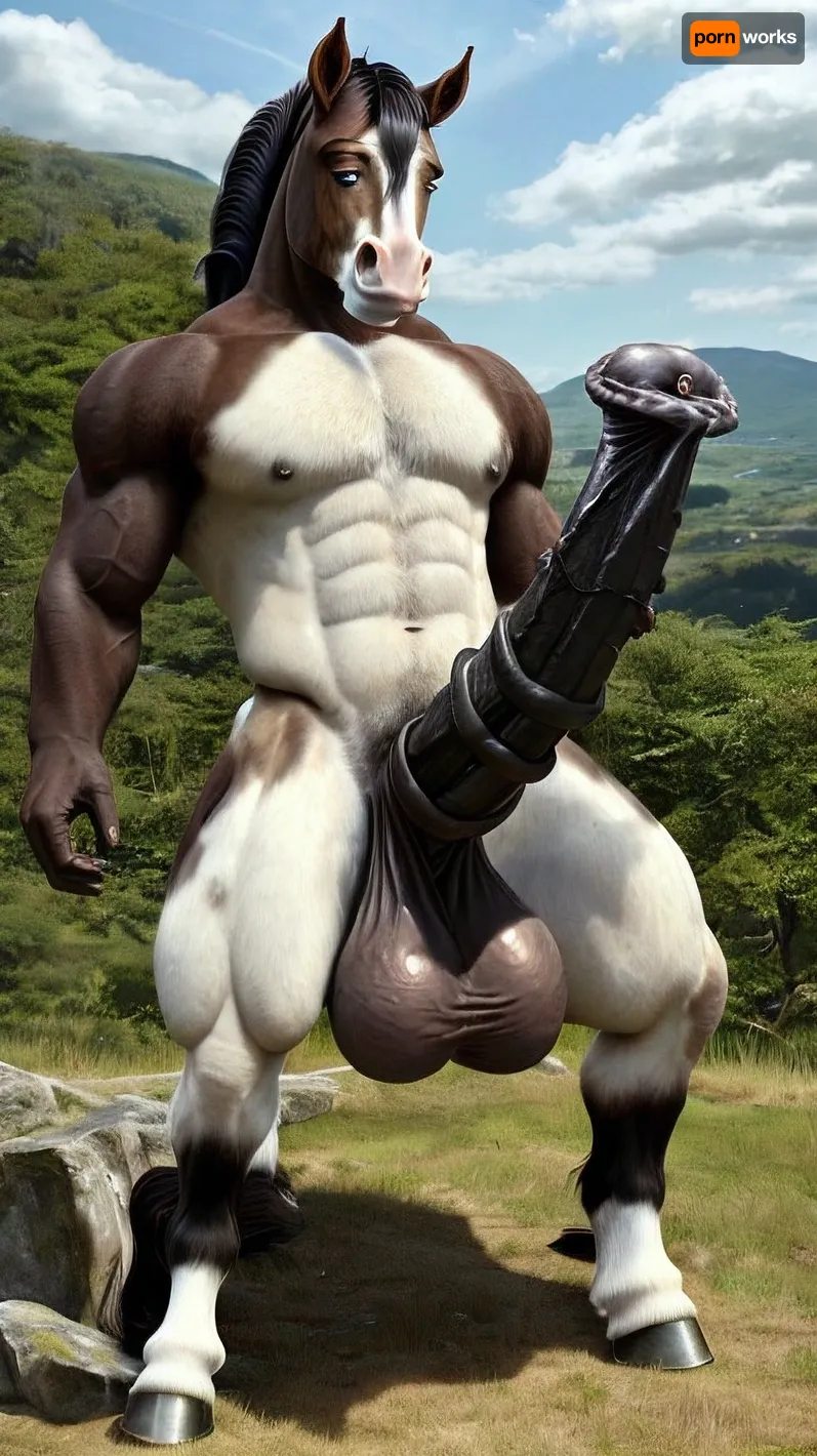 The AI transformed the man into a muscular African horse with a huge cock and hooved feet