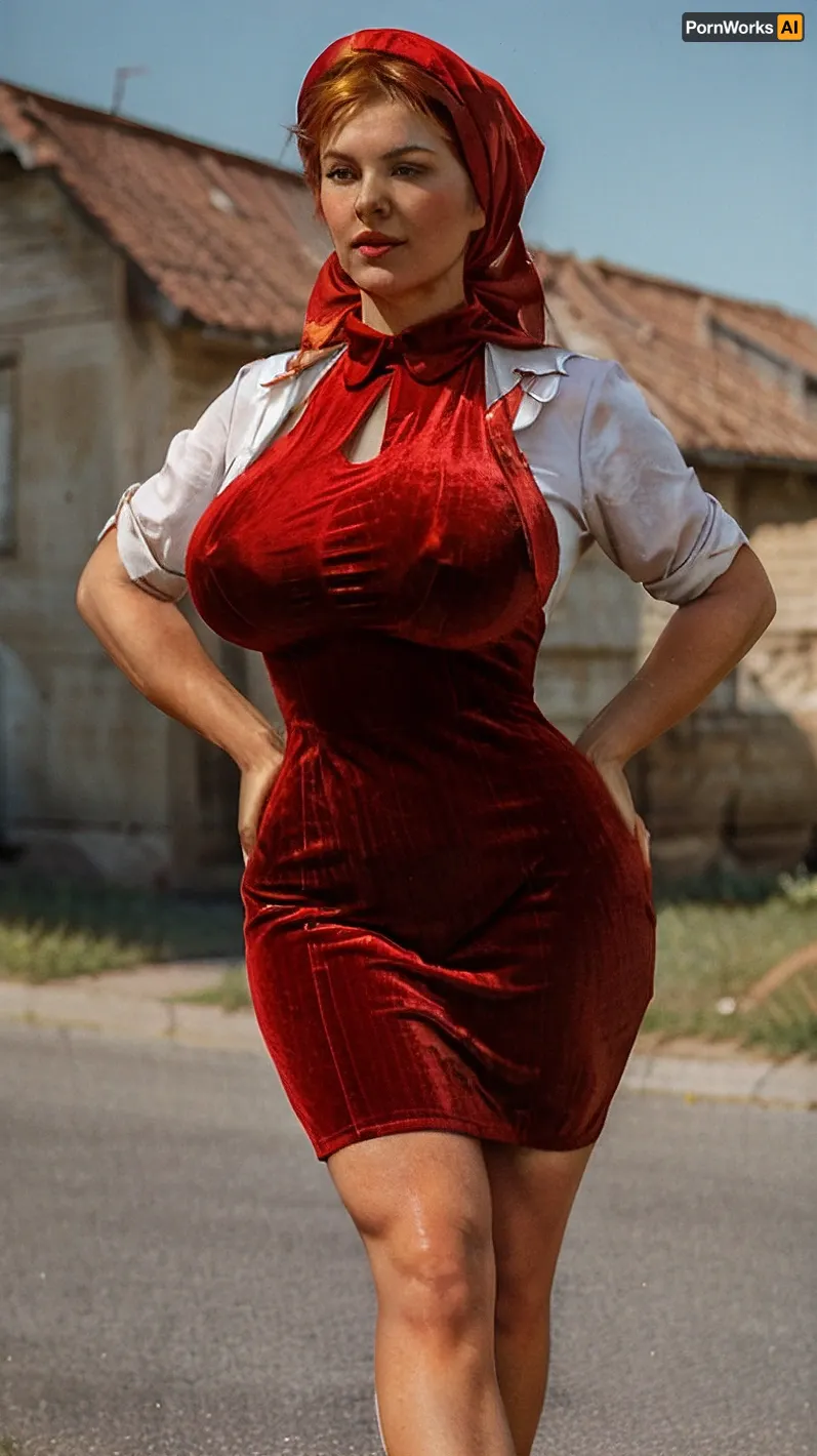 The old soviet village was a beautiful summer day, with the sun shining bright and people enjoying the warm weather in their velvet medium dress. The girl wearing a summer headscarf took some pictures with her phone, capturing the beauty of this