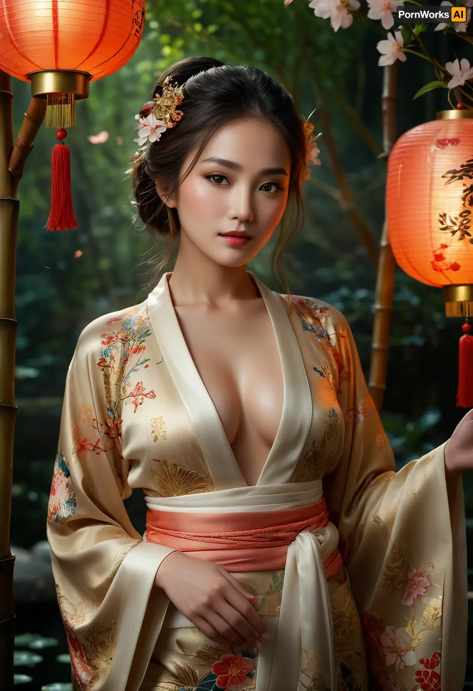 A photorealistic 8k resolution image of a woman standing in a moonlit bamboo forest, wearing a flowing silk kimono adorned with intricate golden dragons and floral patterns, surrounded by mystical creatures from Eastern folklore
