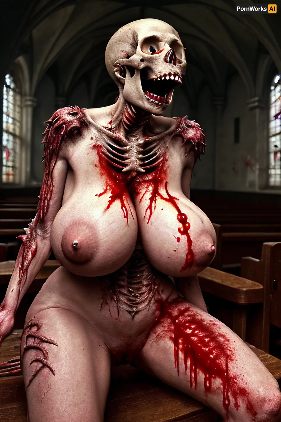 The AI generated a highly realistic porn picture with a monster, skull head, gore, many blood, bloody corpses, dead bodies and high quality ultra detailed 8k ultra detailed picture