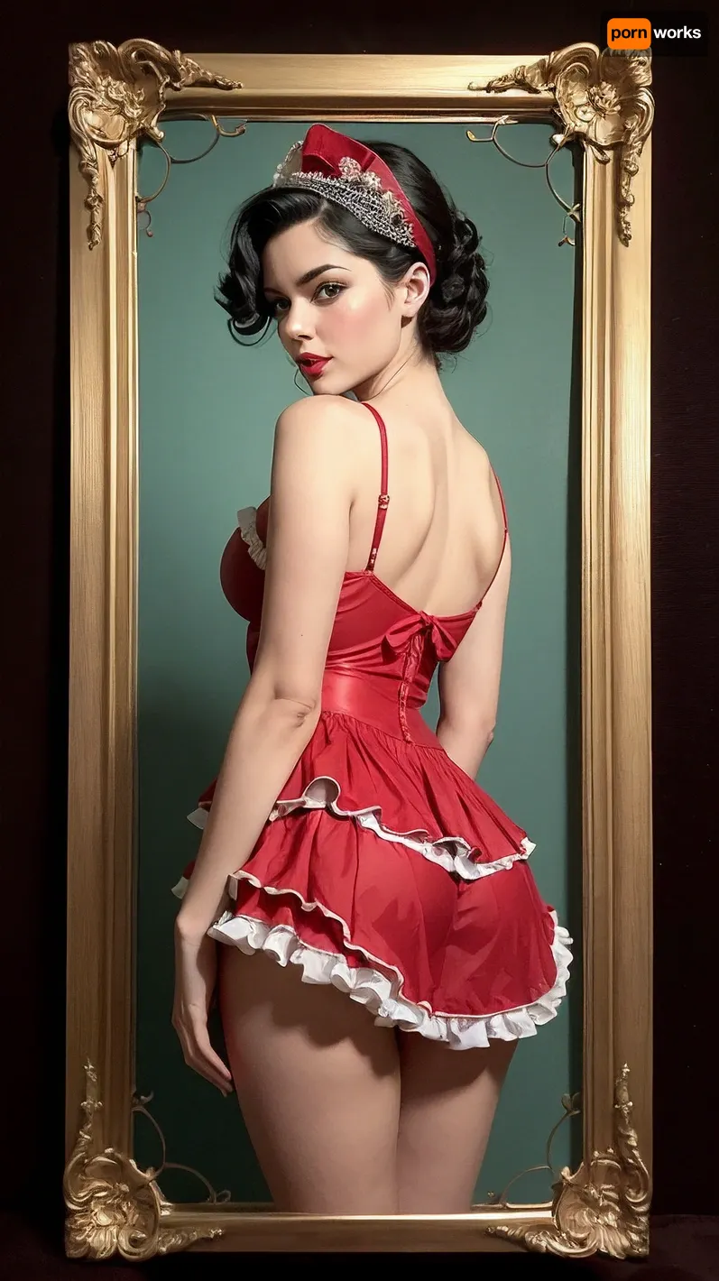 The vintage playing card featuring a tasteful, black hair pinup girl inspired by the classic Vargas style is captivating and thought-provoking, with soft red hearts around her figure