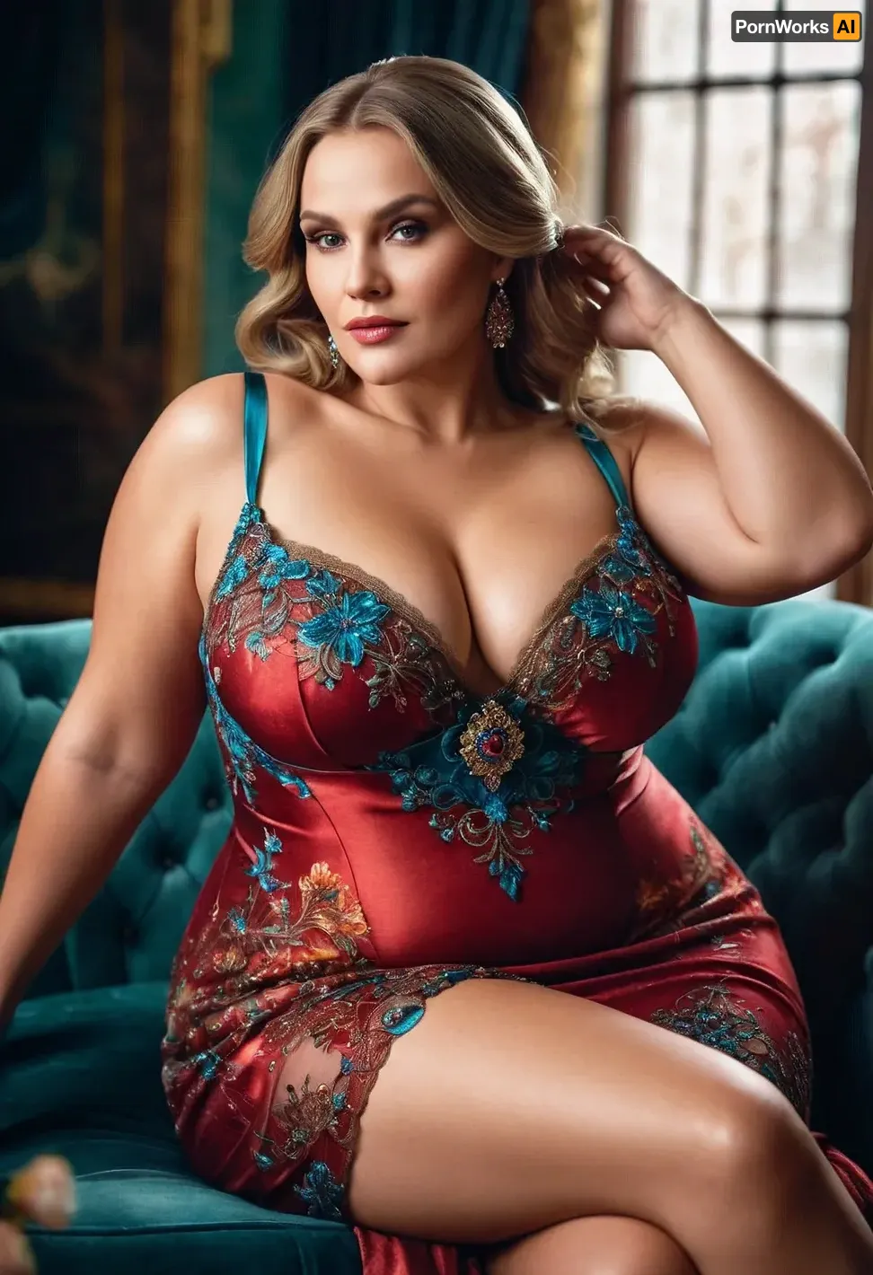 A stunning Russian beauty with a large oversized BBW gilf body poses seductively in front of the camera, wearing a stunning evening dress and capturing the attention of viewers with her bright colors and detailed watercolor glaze technique