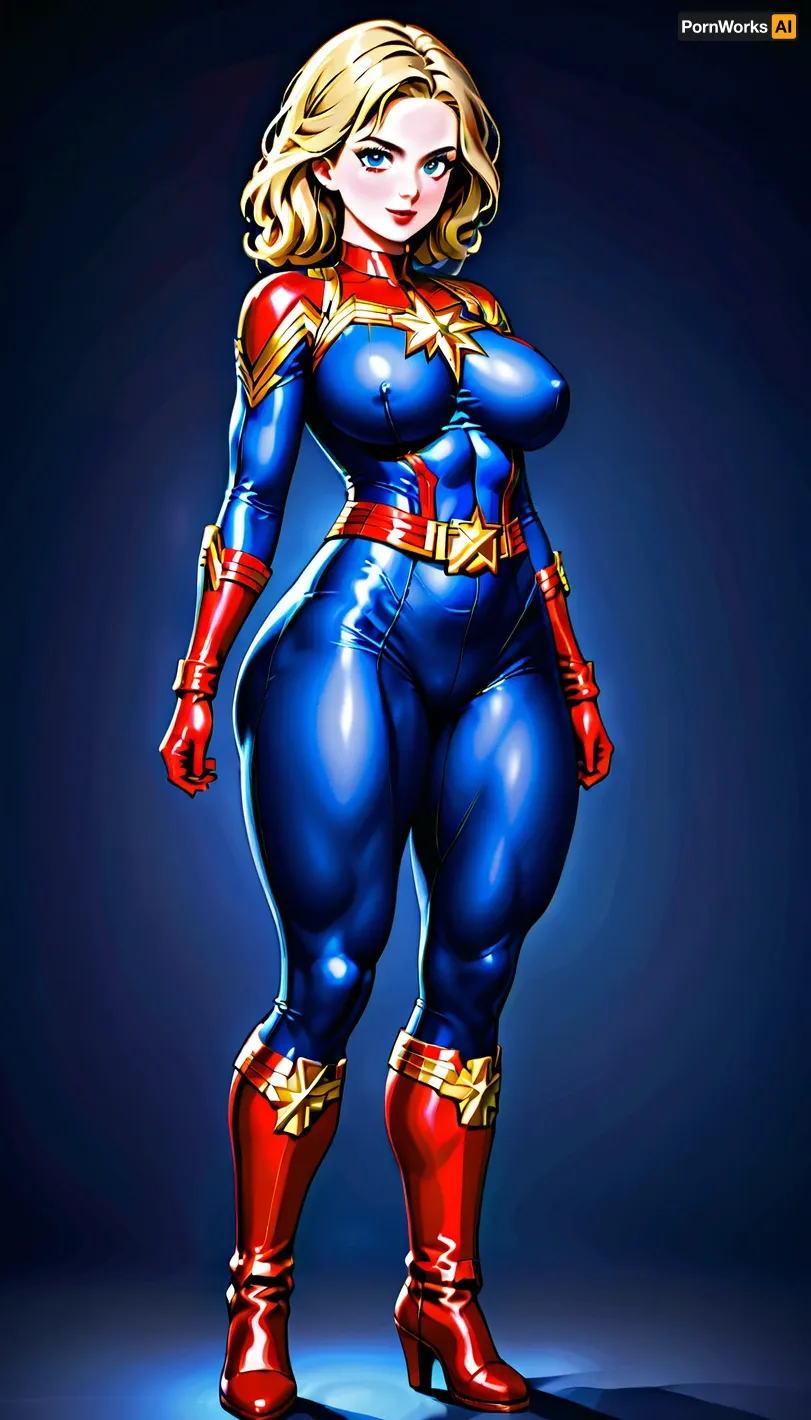 Captain Marvel, the superhero with big breasts, thick thighs, and a big ass, poses seductively for the camera in her full body view