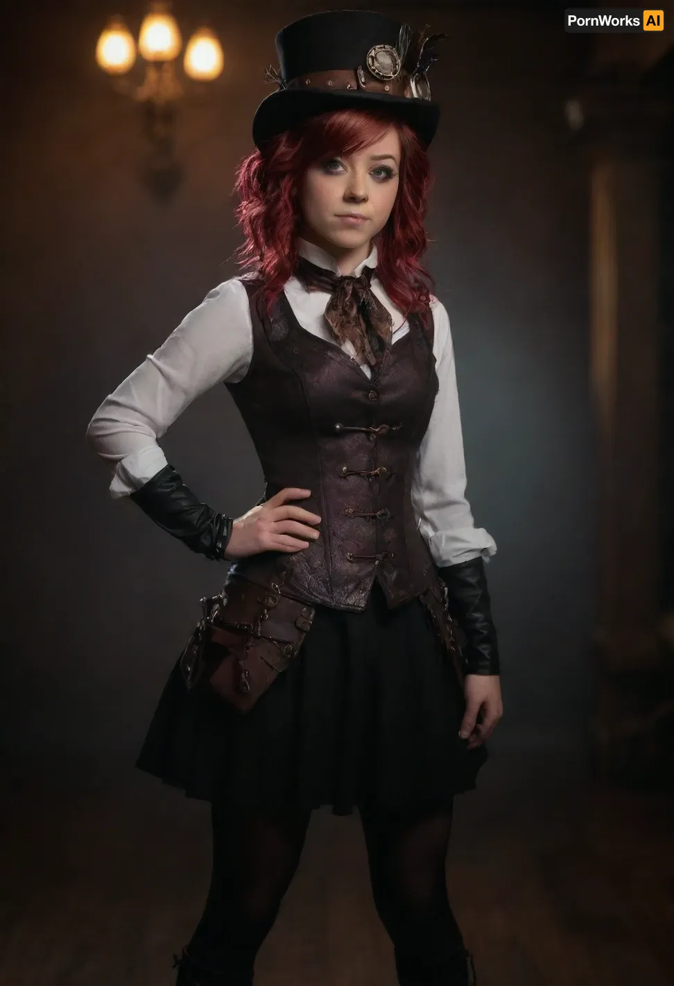 Lindsey Stirling is a sexy steampunk girl with full body view, playing the piano in a dimly lit room, showcasing her toned legs and best story description