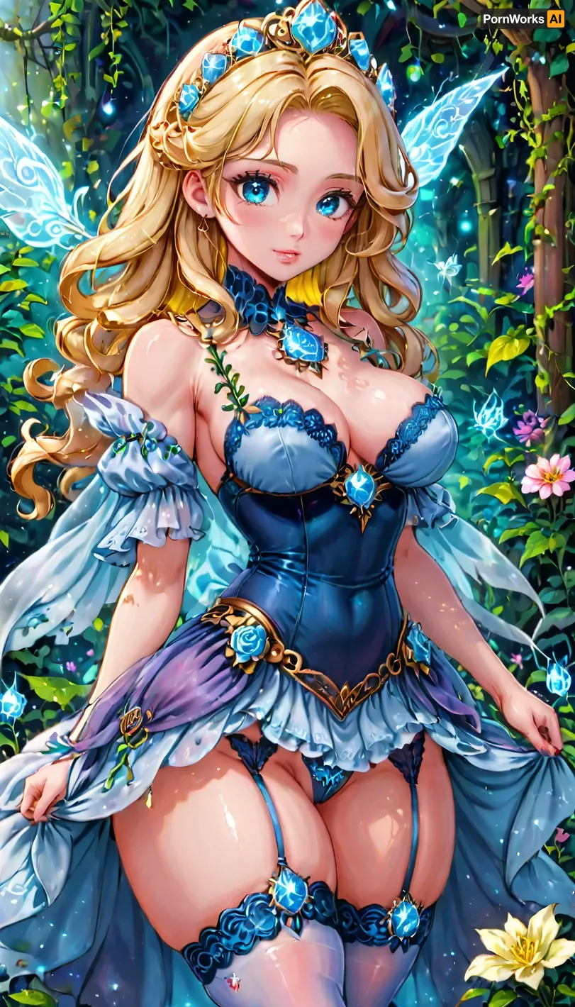 Maria, a confident 18-year-old, stood in a lush garden setting with soft light from magical plants and glowing flowers surrounding her. Her long, flowing blonde hair was tied in a high ponytail that accentuated her curves and emphasized her full