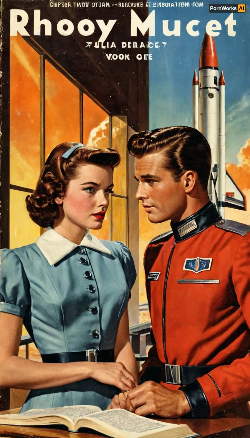 The vintage science fiction book cover shows a young man and a young woman in sleek retrofuturistic uniforms speaking lightly to each other. They are in all of the book, with the woman from over the mans shoulder. They are in all of the book