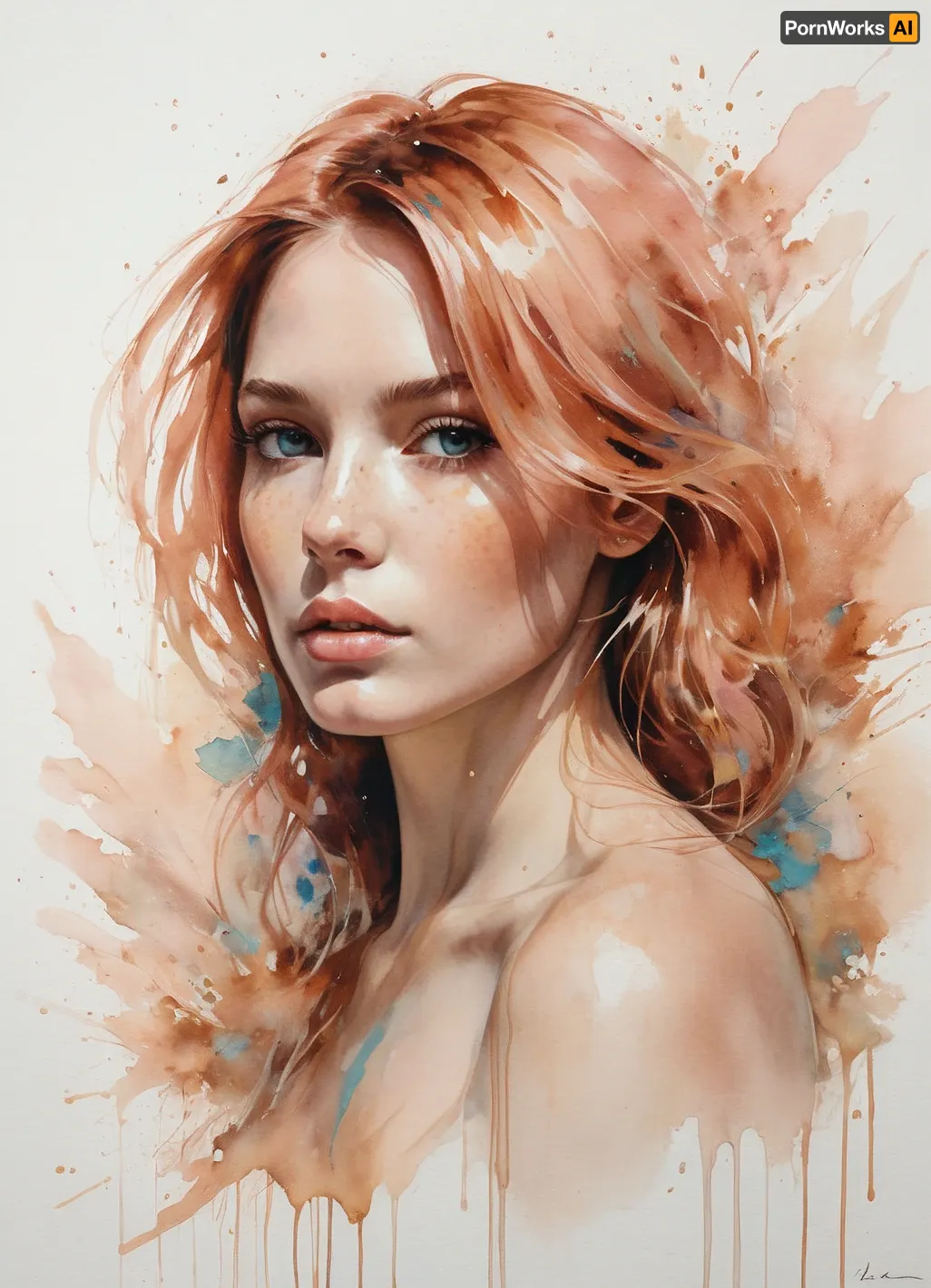 Agnes Ceciles reimaginiertes Portrait einer Frau ist ein faszinierendes visuelles Erlebnis mit Pastelltönen und Kupferbürstenschlägen. Das Design verfügt über leuchtende Highlights auf Haar- und Gesichtskonturen, wobei Kupferelemente mit leuchtender Tinte zusammenwirken