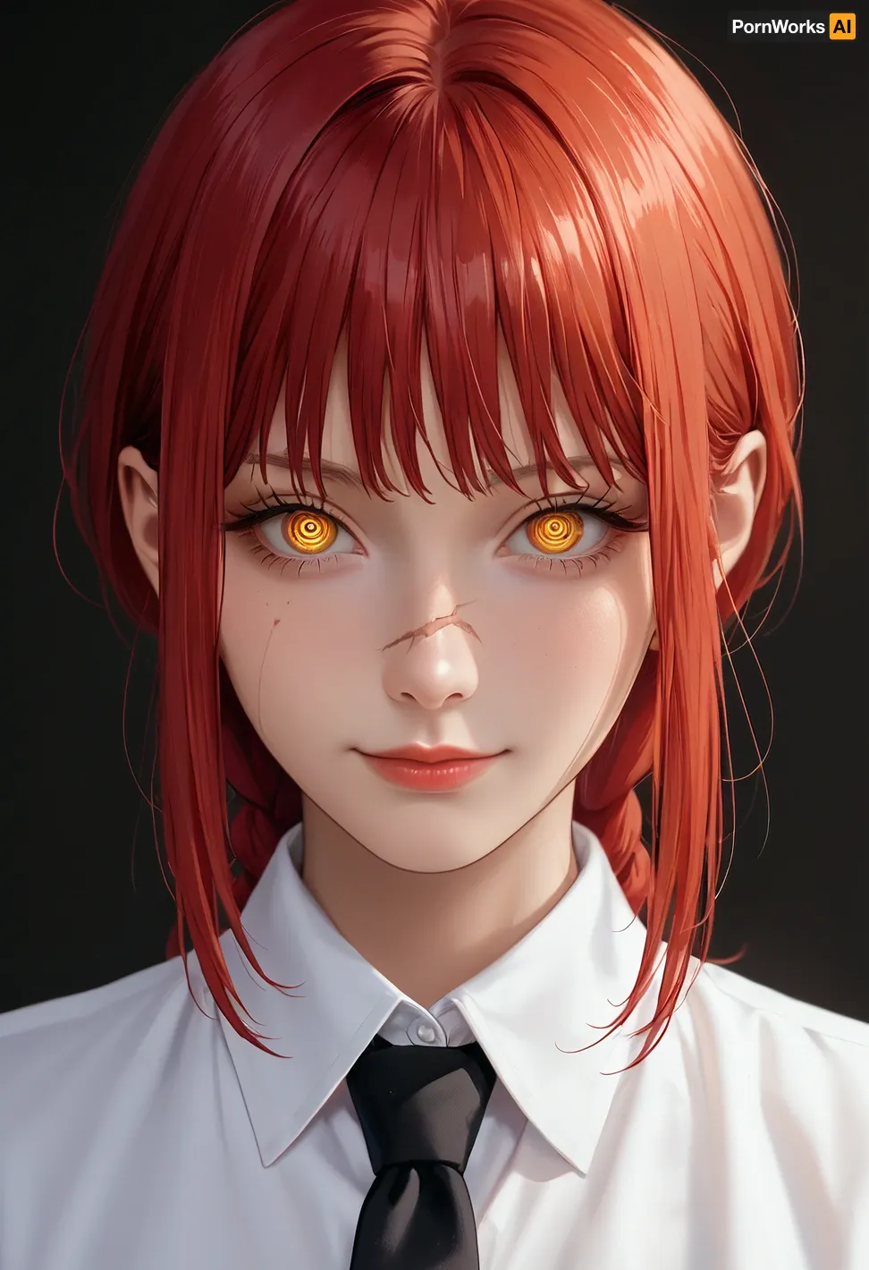 1girl, makima_, (chainsaw_man), yellow_eyes, solo, ringed_eyes, red_hair, collared_shirt, looking_at_viewer, shirt, scar, white_shirt, bangs, sidelocks, necktie, scar_on_face, smile, black_necktie, dark_background, long_hair, medium_hair