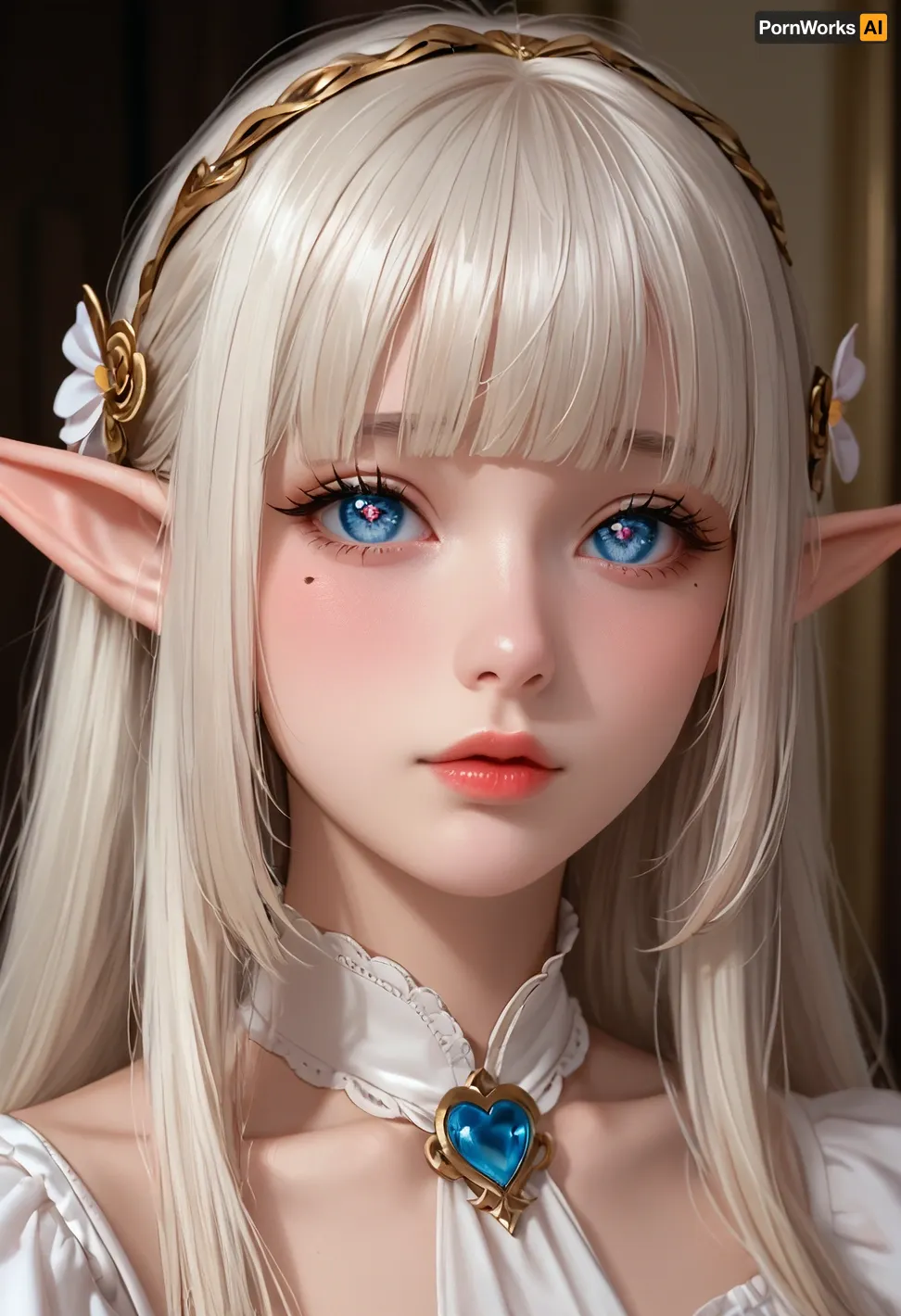 1girl, mole_under_eye, mole, solo, pointy_ears, heart, symbol-shaped_pupils, heart-shaped_pupils, blue_eyes, portrait, parted_lips, bangs, looking_at_viewer, white_hair, blunt_bangs, elf
