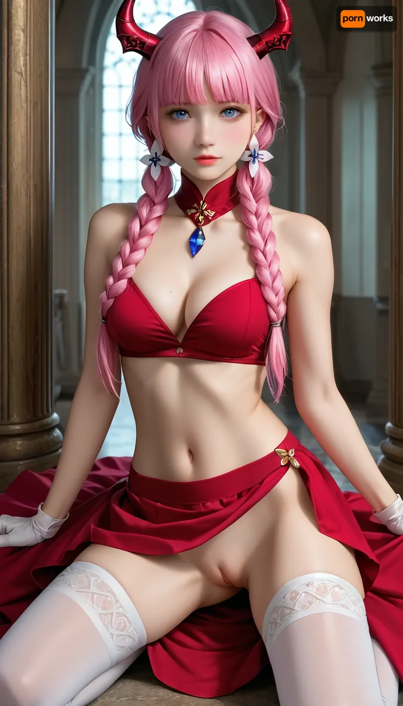 Kneeling with his ass to the viewer, arching his back, in stockings, naked ass no panties visible beautiful pussy, frieren-aura, horns, pink, hair, purple, blue, eyes, multiple, braids, bare, shoulders, black, gloves, thighhighs, elbow, navel, cutout, white, skirt, red, cloth/skirt, cleavage, <lora:EnvyZoomSliderXL01:1>, <lora:aura-animagine:2>