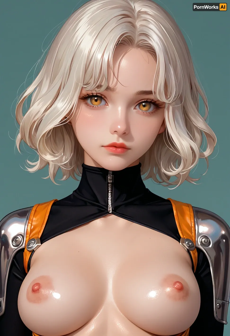 1girl, breasts, solo, nipples, long_hair, looking_at_viewer, upper_body, white_hair, medium_breasts, yellow_eyes, closed_mouth, shiny, orange_eyes, forehead, lips, bangs, bodysuit, gradient, gradient_background