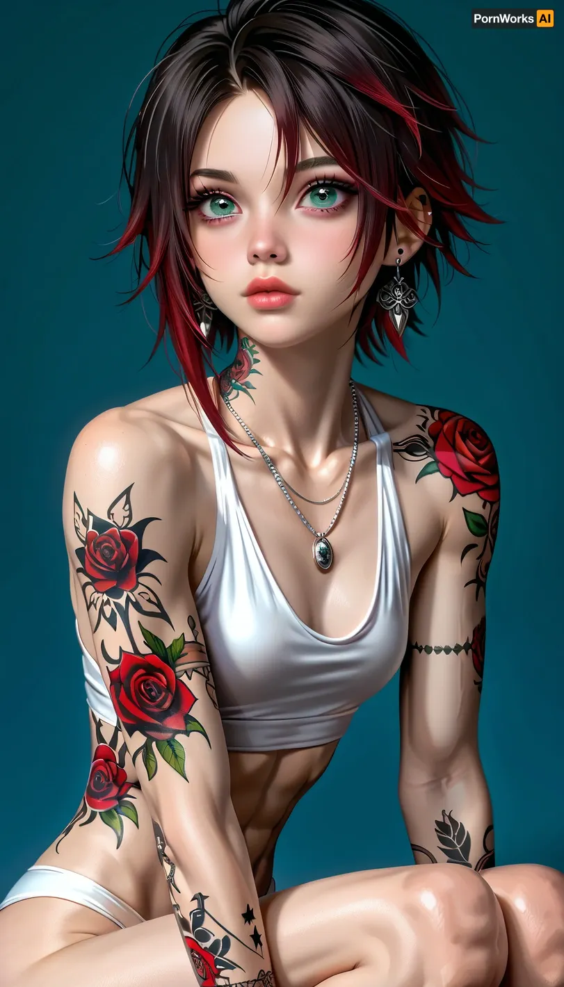Short hair, (Short Textured Haircut), (ruby Rose Hairstyle), (oval shape head), (round head), (high cheekbones), (beautiful face), (strong jawline), (Shining Green eyes), (almond-shaped eyes), (long lashes), (tin eyebrows), ((full lips), (170cm high), ((slim, fit, physique), (dark nails), (silver necklaces and earrings), (tattoos), (tattoos 10% body), (small breasts), (perky breasts), (small ass), (round ass), (firm ass), (toned legs), (lean legs), (feminine legs), (well-defined feet))), <lora:add-detail-xl:2>, <lora:Colorful Hair Slider_alpha1.0_rank4_noxattn_last:2>, <lora:loraeyesxl:2>, <lora:DetailedEyes_V3:2>