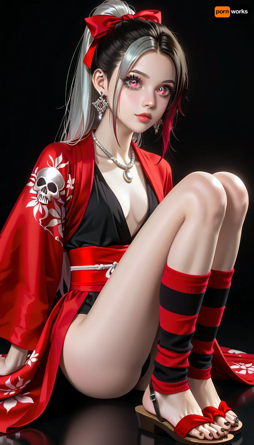 Very long hair ponytail, (Short Textured Haircut), (ruby Rose Hairstyle), (oval shape head), (round head), (feminine belly), (high cheekbones), (beautiful face), (strong jawline), (Beautiful glowing red eyes), (almond-shaped eyes), (long lashes), (tin eyebrows), ((full lips), (170cm high), ((slim body)), (dark nails), (silver necklaces and earrings), (tattoos), (tattoos 10% body), (small breasts), (perky breasts), (small ass), (round ass), (firm ass), (toned legs), (lean legs), (feminine legs), (well-defined feet)), kamado, nezuko, black, hair, pink, eyes, magenta, pupils, ribbon, two-tone, nezukob, purple, white, nezukoc, solid, circle, parody, kimono, haori, asa, no, ha, (pattern\), checkered, obi, leg, warmers, socks, sandals, <lora:add-detail-xl:2>, <lora:Colorful Hair Slider_alpha1.0_rank4_noxattn_last:2>, <lora:loraeyesxl:2>, <lora:DetailedEyes_V3:2>, <lora:NezukoIllus:1>, <lora:EnvyZoomSliderXL01:1>