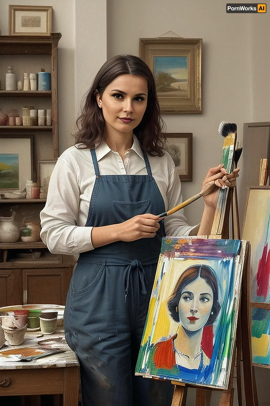 the artist, young woman, stands in front of Malbert, ((he holds a palette with paints and a brush in his hands)), paints a still life, (there is an unfinished still life on Malbert)