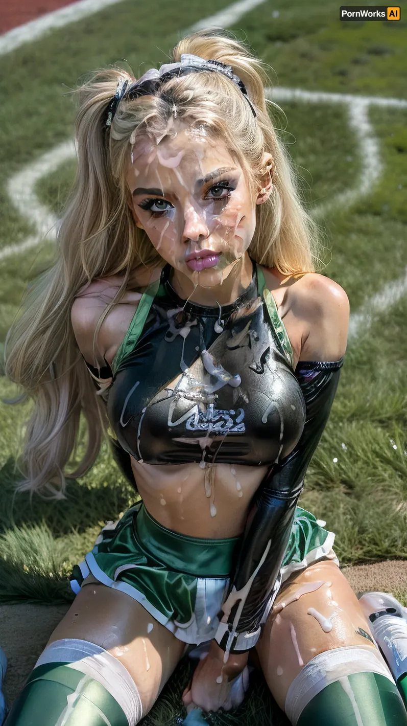 Solo, mature look 25 year old, masterpiece, (perfect lighting:1.4), (skinny:1.4), (ultra detailed face:1.4), (ultra high detailed cheerleader outfit:1.4), 8k, (slutty cheerleader outfit in, (black, white, green), , :1.4), (high resolution:1.4), (25 year old cheerleader:1.4), body, 5ft, heavy makeup, blonde hair, blue eyes, tanned skin, hairband, thigh high socks, (tons of cum:1.4), bukkake, American Football field, outside, grass, <lora:more_details:.5>, <lora:Lgirl-v6_500steps:1>, <lora:facialized:.5>, <lora:cum_b1:.5>, <lora:bukkake_v0.4:1>