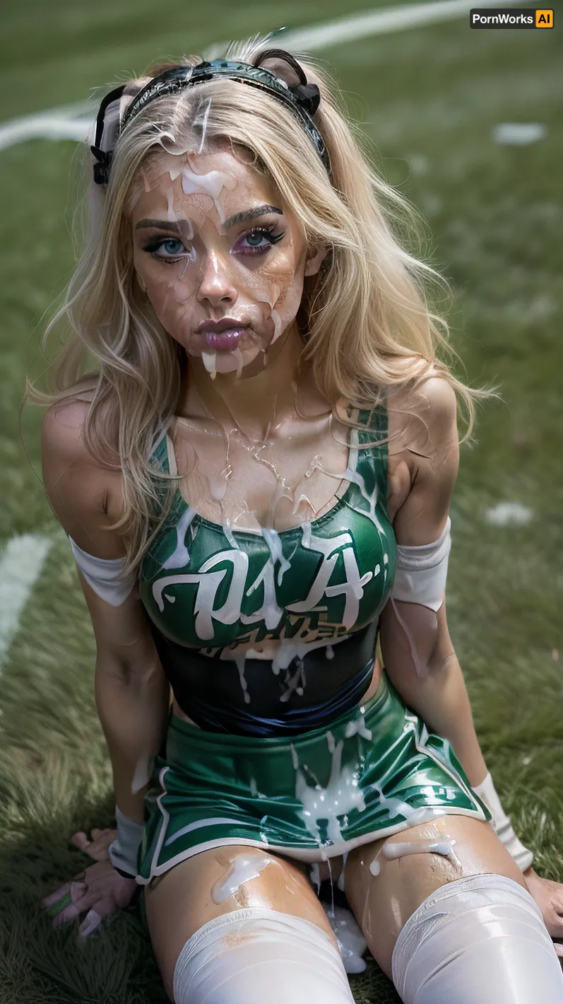 A mature woman with a bukkake porn picture as her background and wearing a 25-year-old body, wearing thigh high socks to complete the look, was standing on the grass field. She had an American Football field as her background and held