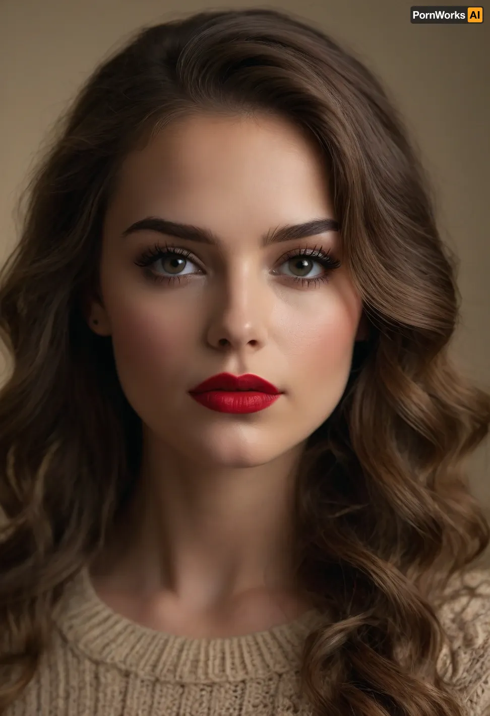A breathtaking portrait of a young woman with long light brown wavy hair, cascading over her shoulders, (intricate brown knitted sweater:1.2), standing before a smooth, (vanilla cream colored background:1.3), . Her eyes are mesmerizing, framed by, (smokey sultry eye makeup, voluminous lashes:1.3), and, (bright red lipstick:1.2), that pops against her fair skin. The lighting is dramatic and moody, (chiaroscuro lighting:1.4), with strong shadows playing across her face, achieved with a slight, (Dutch angle:1.3), creating an artistic effect. The overall mood is, (sensual, alluring, with a feeling of anticipation and desire:1.3), captured in a, (high-resolution, detailed:1.1), (professional photography:1.2), style, focusing on, (soft skin textures, realistic details:1.2), . masterpiece, best quality, 8k, RAW photo, soft light., ZipRealism