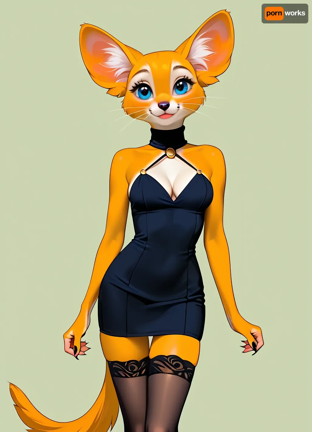 female, (((furry))), top.less, slim body, cute, slim fit turtleneck mini dress, delicate, cleavage, big eyes, attractive leggy pose, shows off body, perfect glutes, smile, seductive, slim legs, stockings HD Roberts style art, <lora:furry_and_friends_flux_v2:.5>, <lora:681678_training_data:.5>