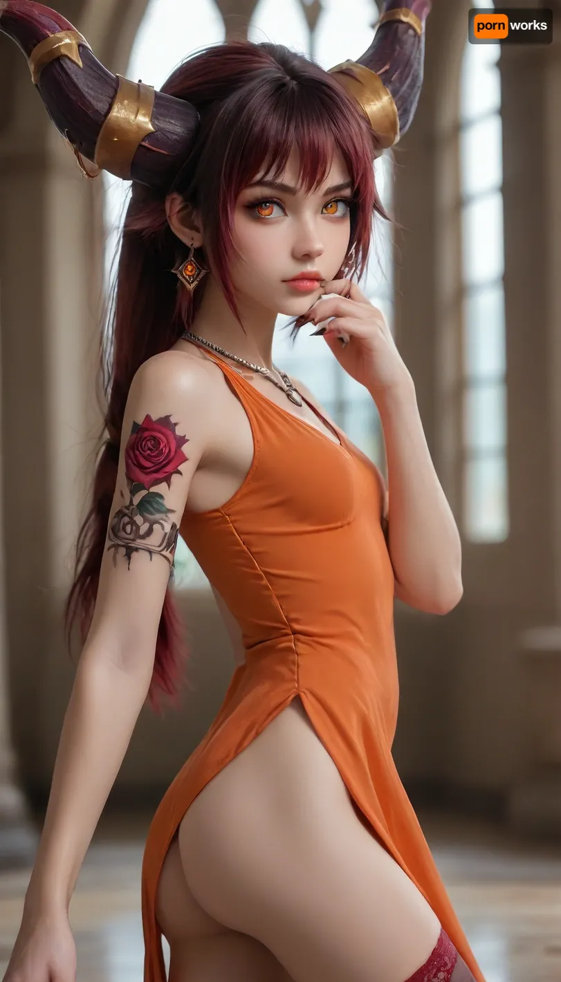 (Macro photo, photo face), Very long hair ponytail, (Short Textured Haircut), (ruby Rose Hairstyle), (oval shape head), (round head), (feminine belly), (high cheekbones), (beautiful face), (strong jawline), (Beautiful glowing red eyes), (almond-shaped eyes), (long lashes), (tin eyebrows), ((full lips), (170cm high), ((slim body)), (dark nails), (silver necklaces and earrings), (tattoos), (tattoos 25% body), (small breasts), (perky breasts), (small ass), (round ass), (firm ass), (toned legs), (lean legs), (feminine legs), (well-defined feet)), ((a beautiful Alexstrasza dragon girl, beautiful face, dragon horns, stands in the hall of a gotic castle, seductive attitude, (beautiful Erotic transparent dark orange dress, visible realistic shaved pussy no panties, Sexy stockings))), <lora:EnvyZoomSliderXL01:2>