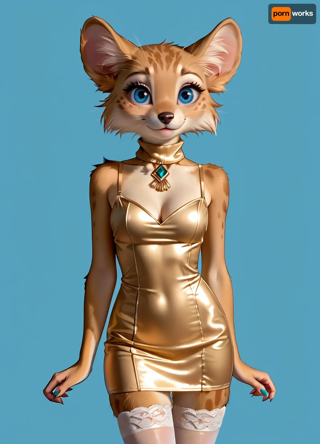 female, (((furry))), top.less, slim body, cute, slim fit turtleneck mini dress, delicate, cleavage, big eyes, attractive leggy pose, shows off body, perfect glutes, smile, seductive, slim legs, stockings HD Roberts style art, <lora:furry_and_friends_flux_v2:.5>, <lora:681678_training_data:.5>