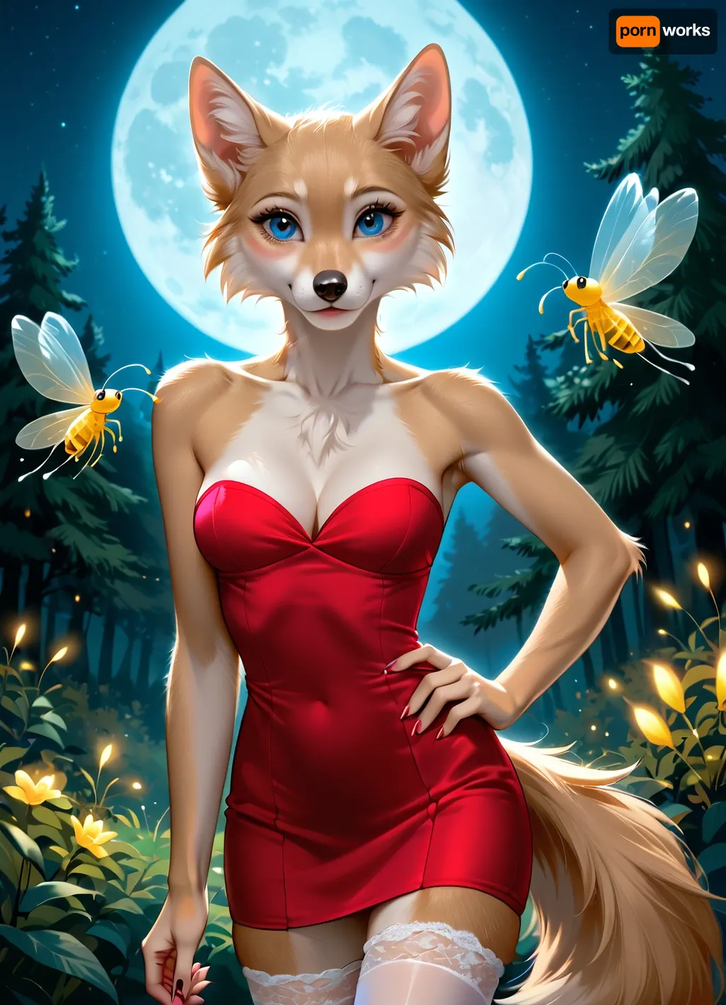female wolf, (((furry))), top.less, slim body, cute, thin mini dress, dancing under the light of the full moon in the forest surrounded by fireflies.tender, cleavage, big eyes, showing off body, perfect glutes, smile, seductive, slim legs, stockings HD Roberts style art, <lora:furry_and_friends_flux_v2:.5>, <lora:681678_training_data:.5>