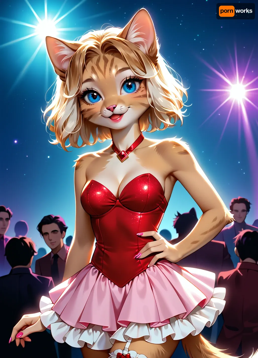 kitty-cat woman, (((furry))), top. less, slim body, cute, 80's style, dressed in bright sexy costume, with 80's style hairstyle, dancing in disco with bright lights and disco ball, tender, cleavage, big eyes, showing off body, perfect glutes, smile, seductive, slim legs, stockings HD Roberts style art, <lora:furry_and_friends_flux_v2:.5>, <lora:681678_training_data:.5>, 