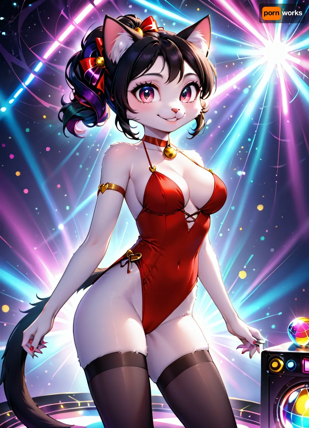 kitty-cat woman, (((furry))), top. less, slim body, cute, 80's style, dressed in bright sexy costume, with 80's style hairstyle, dancing in disco with bright lights and disco ball, tender, cleavage, big eyes, showing off body, perfect glutes, smile, seductive, slim legs, stockings HD Roberts style art, <lora:furry_and_friends_flux_v2:.5>, <lora:681678_training_data:.5>, 