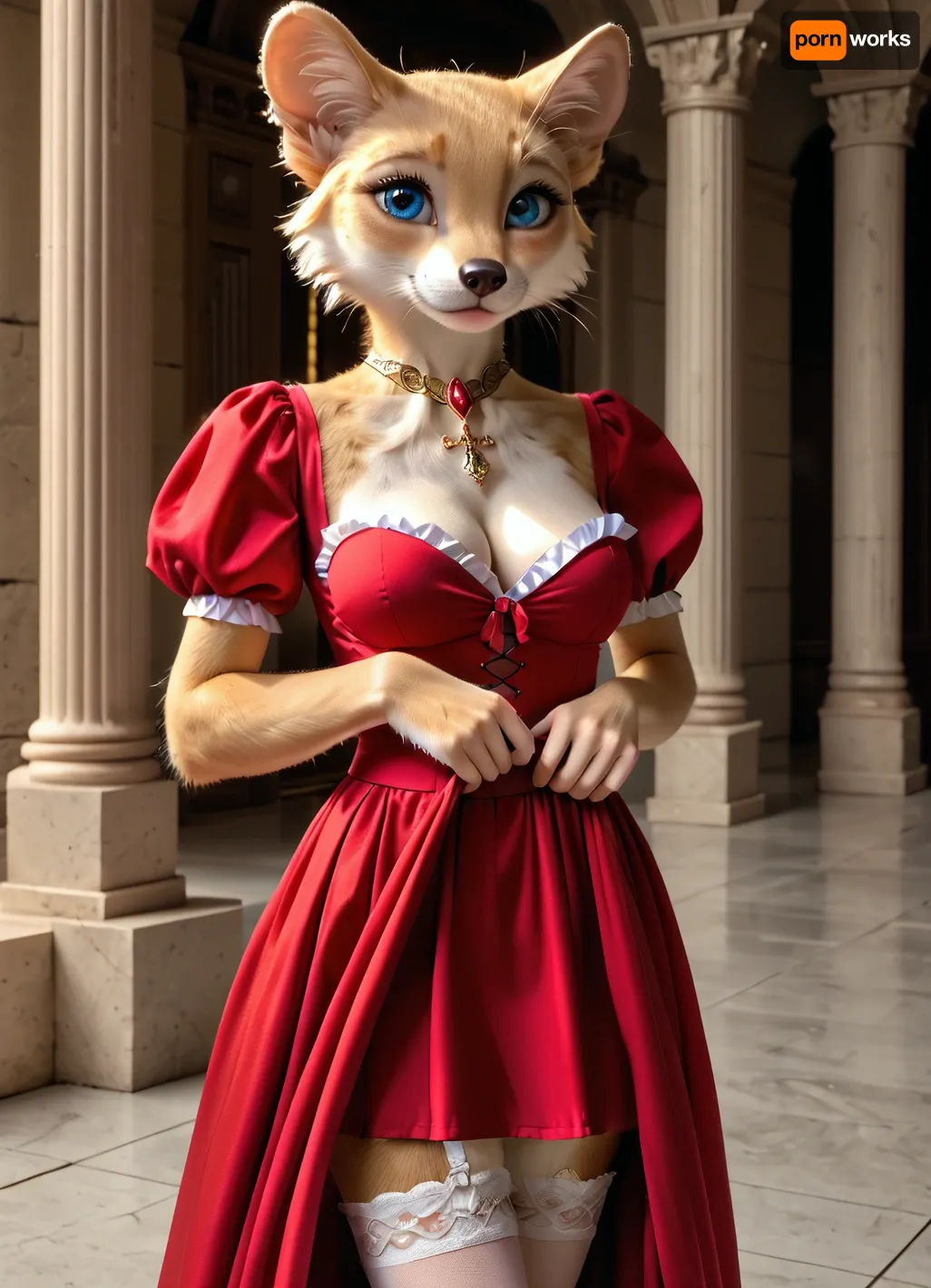 female lioness, (((furry))), top.less, slender body, cute, medieval lady. nude, breasts visible, genitals, in 18th century dress, breasts open, skirt pulled up, genitals visible, tender, cleavage, big eyes, showing off body, perfect glutes, smile, seductive, slim legs, stockings HD Roberts style art, <lora:furry_and_friends_flux_v2:.5>, <lora:681678_training_data:.5>, 