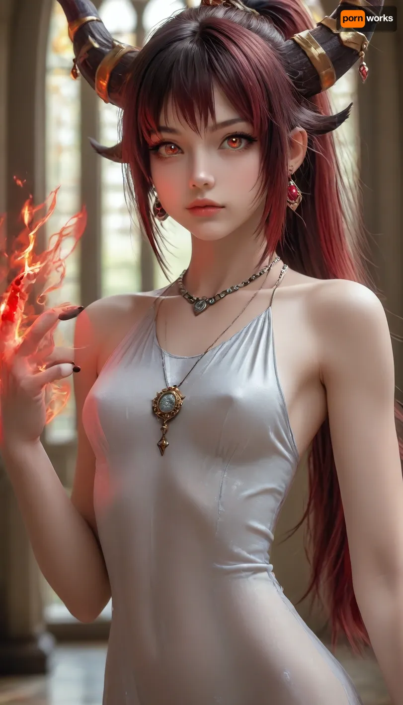 (Macro photo, photo face), Very long hair ponytail, (Short Textured Haircut), (ruby Rose Hairstyle), (oval shape head), (round head), (feminine belly), (high cheekbones), (beautiful face), (strong jawline), (Beautiful glowing red eyes), (almond-shaped eyes), (long lashes), (tin eyebrows), ((full lips), (170cm high), ((slim body)), (dark nails), (silver necklaces and earrings), (tattoos), (tattoos 25% body), (small breasts), (perky breasts), (small ass), (round ass), (firm ass), (toned legs), (lean legs), (feminine legs), (well-defined feet)), ((a beautiful Alexstrasza dragon girl, red fireball on hands, beautiful face, dragon horns, stands in the hall of a gotic castle, seductive attitude, (beautiful Erotic transparent dress, visible realistic shaved pussy no panties, Sexy stockings))), <lora:EnvyZoomSliderXL01:2>
