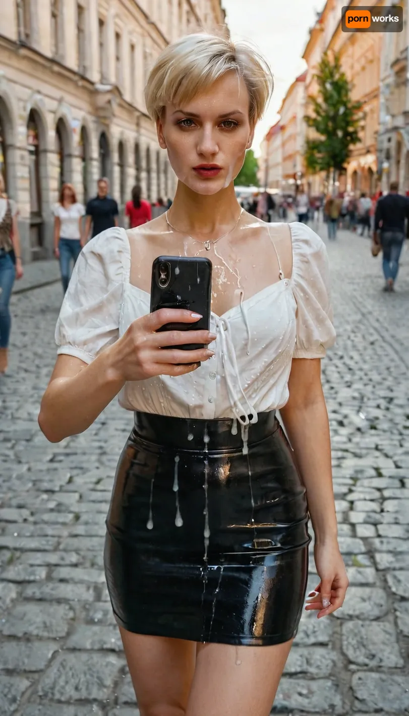 Young slavic woman walking in the city with face covered in cum, cum on face, cumwalk, making a selfie, mini skirt, high heels, short hair, blonde hair, smartphone, holding phone, selfie, woman, on, face, <lora:JustCum:1>