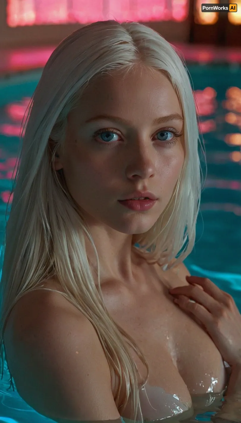 A breathtaking shot of the upper body of an exceptionally beautiful and sensual 18-year-old blue-eyed albino girl, with long, flowing white hair that cascades down her back. She is immersed in a futuristic pool, surrounded by neon blue and pink lighting that softly illuminates her delicate features. Her porcelain pale skin reflects the vibrant colors, creating an ethereal and almost otherworldly effect. Her eyes are strikingly blue, wide, and filled with youthful curiosity and mystery, contrasting beautifully with her long, flowing white hair, white eyelashes, and eyebrows. Her lips are glossy and inviting, slightly parted in a seductive manner. She has slender shoulders, an elegant neckline, and her large, perfectly shaped breasts are visible above the waterline, glistening from the water, adding a shimmering effect that highlights her graceful curves. The futuristic pool features smooth, metallic surfaces that reflect the ambient neon lights, adding depth and dimension to the scene. The camera focuses on her intense gaze, her delicate features, and the captivating contrast between her albino beauty and the futuristic environment, creating a photorealistic, high-resolution image, with HDR, vivid details, and an evocative, dream-like atmosphere.