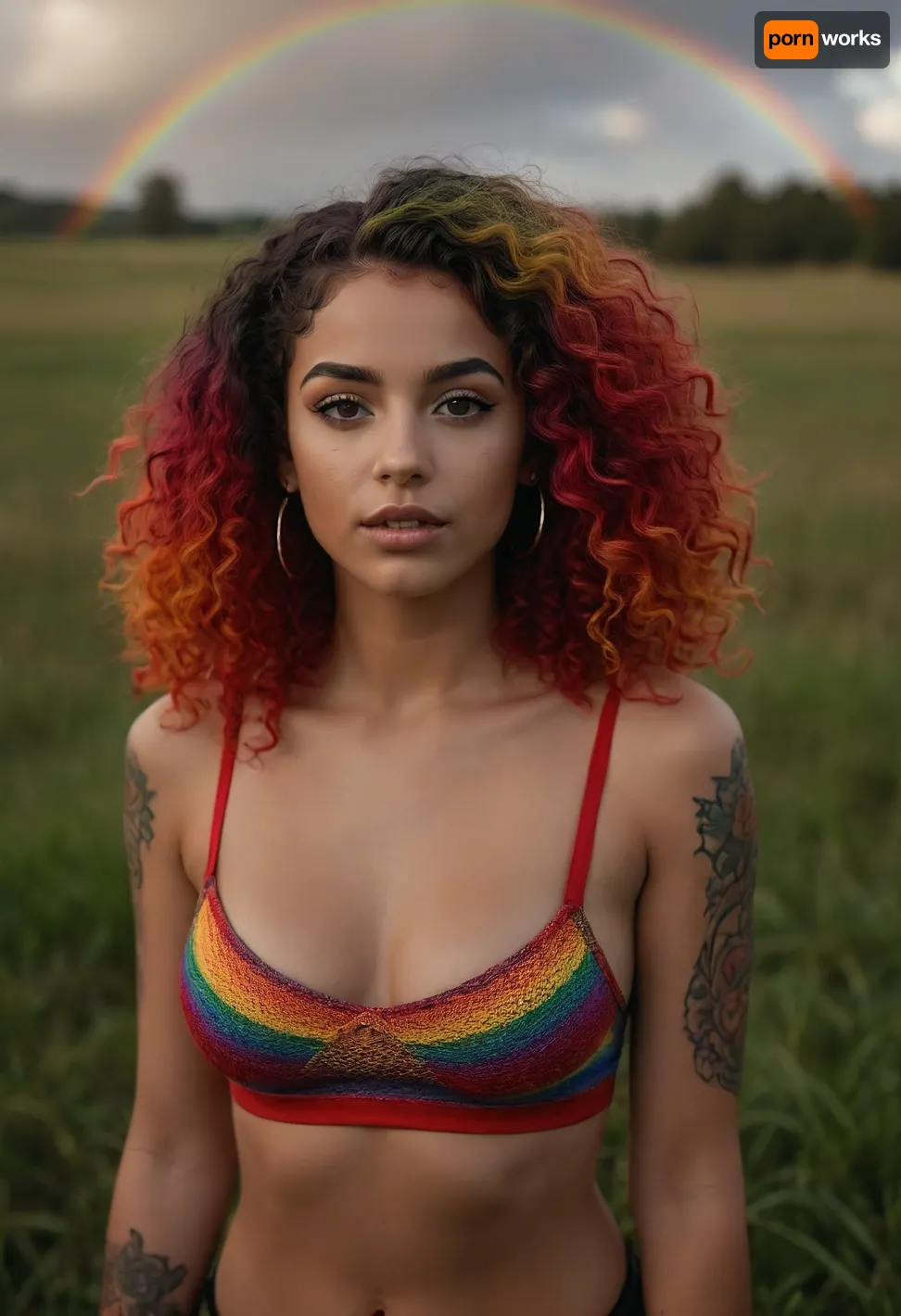 Ultra-detailed, ultra-realistic, Professional photograph, 8k, 85mm lens, rainbow hair curly hair, gorgeous latina 22 year-old woman, she's wearing a sexy red tubetop with spaghetti-straps, a black thong with peircings and tattoos, she's standing outside in a grassy meadow with a rainbow in the background., <lora:278488_training_data:.5>